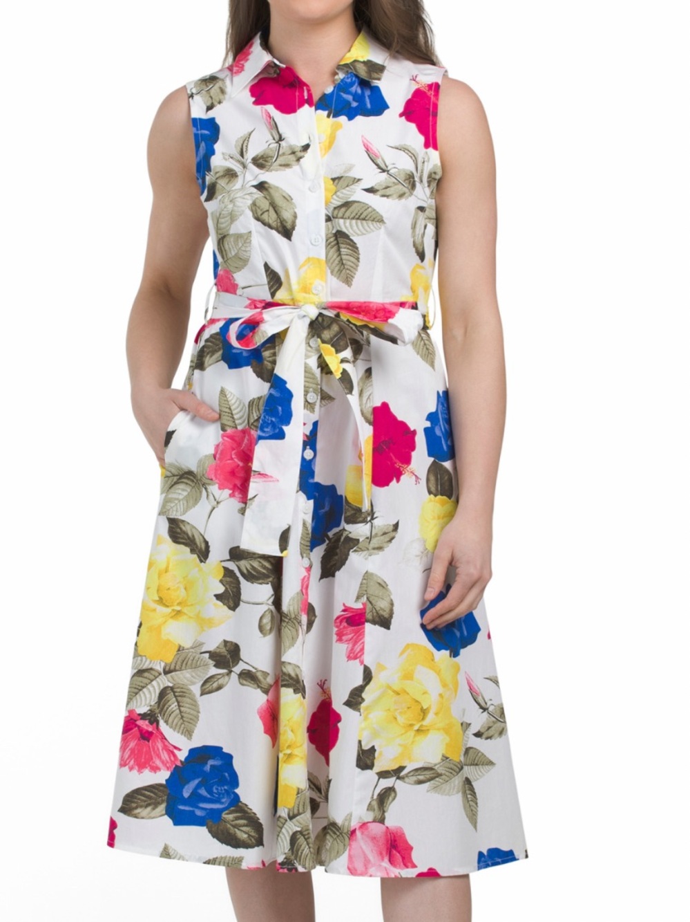 Calvin Klein White Floral Midi Shirt Dress with Pink, Blue & Yellow Blooms